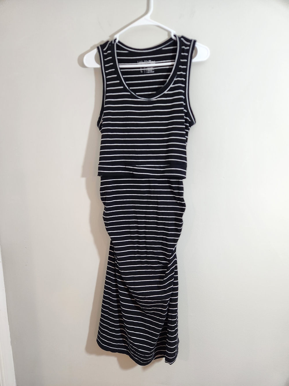 Latched Mama Ruched Striped Sleeveless Midi Dress Breastfeeding Nursing Cotton